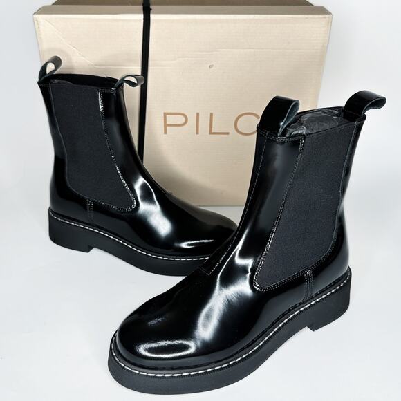 NWT Anthropologie Pilcro Contrast Stitch Black Noir Patent Leather Chelsea Boots - Picture 2 of 15